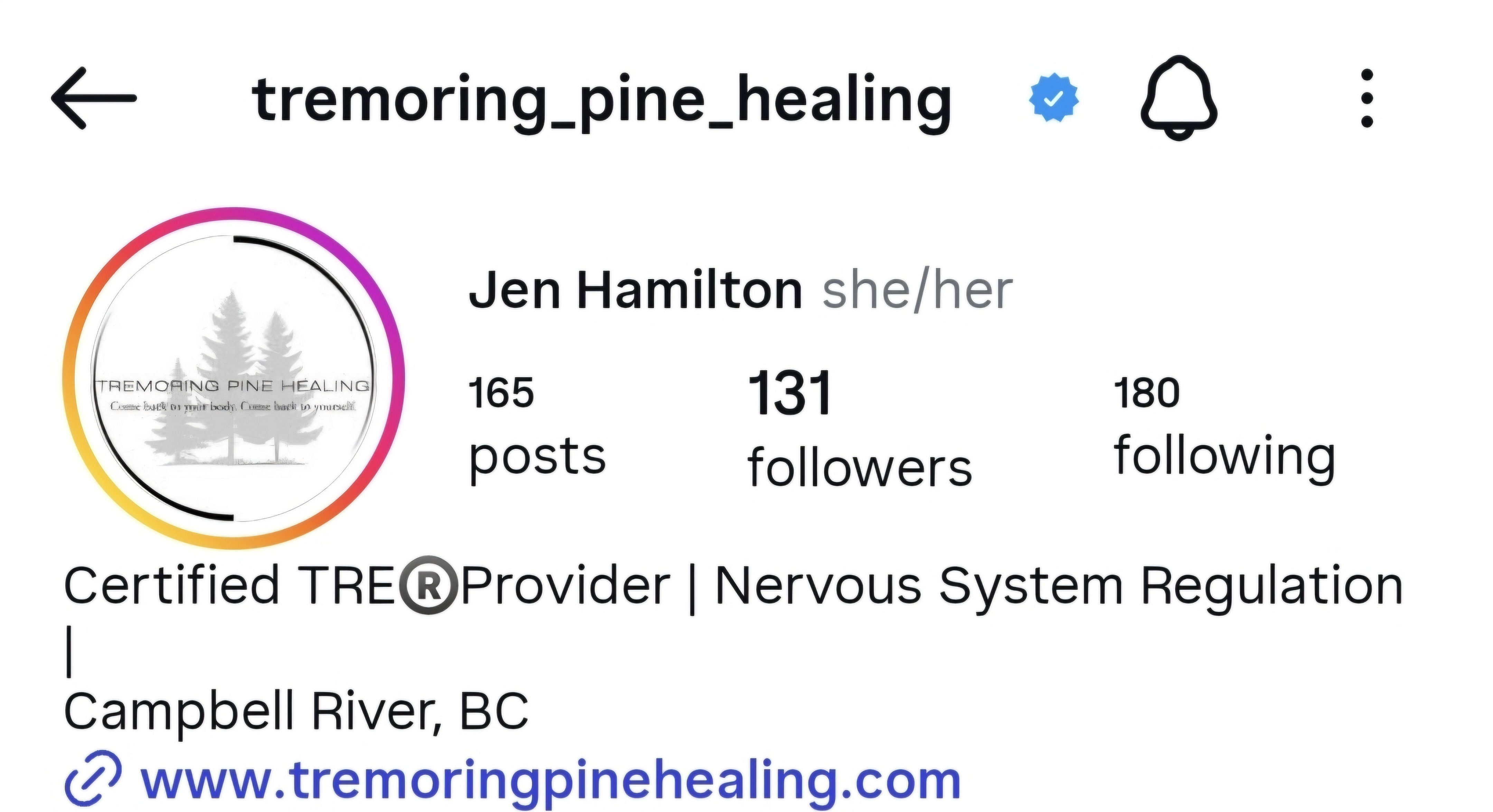 Tremoring Pine Healing Instagram profile after the 30-day content system — 131 followers